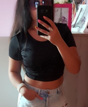 Damski CZARNY KRÓTKI TOP Topik KRÓTKA BLUZKA krótki rękaw XS/S