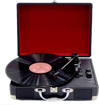 ODTWARZACZ PŁYT WINYLOWYCH VINTAGE RETRO STYLOWY GRAMOFON W WALIZCE CZARNA
