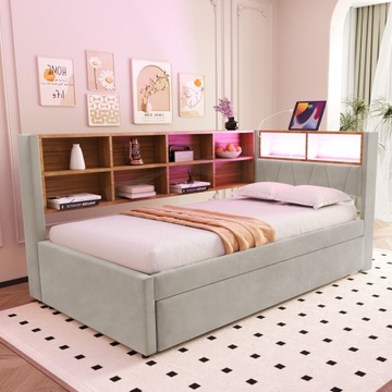 Sofa rozkładana 90x200, łóżko wysuwane Schowek na gniazdo LED Jasnoszary