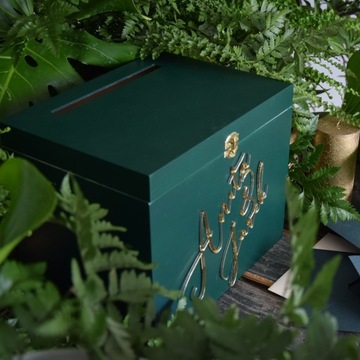 Большая ЗЕЛЕНАЯ Коробка для КОНВЕРТОВ + ЗОЛОТЫХ ОБРУЧАЛЬНЫХ КОЛЬЦЕВ L