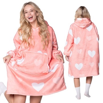 KOC BLUZA Oversize Gruba KOCOBLUZA 2w1 XXL Wzór SERCA Futrzak z Kapturem