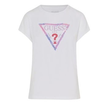 GUESS biały t-shirt bawełniany nadruk logo kwiatki cekiny M