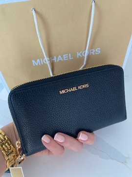 Michael Kors Czarny duży portfel skórzany złote logo z brelokiem