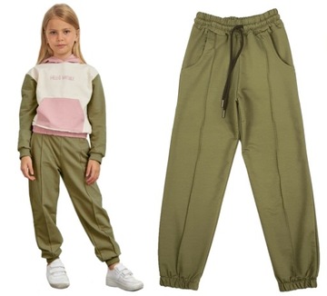 SPODNIE dresowe KIESZENIE joggery KHAKI 140 CK271