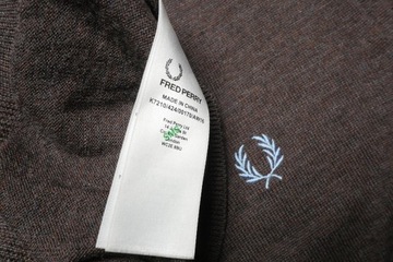 Fred Perry merino sweter brązowy v-neck wełniany męski M