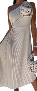 Sukienka plisowana asymetryczna z różą biała