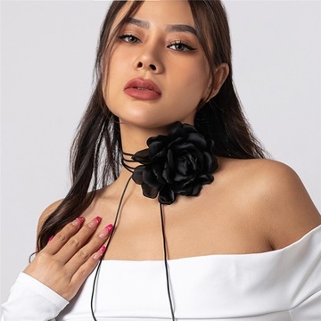 CZARNY NASZYJNIK DUŻA RÓŻA KWIAT CHOKER RZEMYK RETRO BLACK