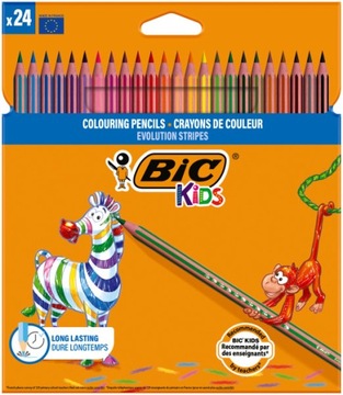 BIC KIDS EVOLUTION STRIPS КАРАНДАШИ БЕЗ ДРЕВЕСИНЫ ДЛЯ ДЕТЕЙ, 24 ЦВЕТА