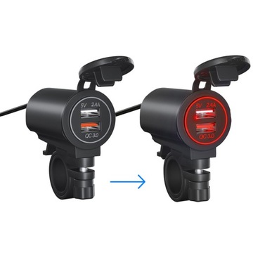 ЗАРЯДНОЕ УСТРОЙСТВО ДЛЯ МОТОЦИКЛА + КНОПКА + 2xUSB КРАСНЫЙ СВЕТ