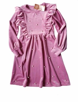 Welurowa elegancka sukienka *perły164 cm brudny róż/dusty pink