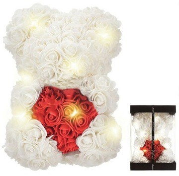 BQ54C MIŚ Z RÓŻ Z SERCEM 25CM BIAŁO-CZERWONY LED
