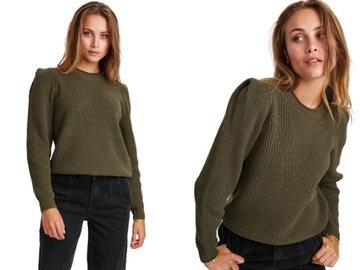 Sweter zielony buffki ramiona prążki khaki numph 36/38 bawełna