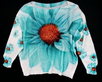 Włoska Nietoperz ażur sweter turkus kwiat KWIATEK