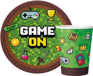 Zestaw talerzyki kubeczki papierowe GAME ON piksele MINECRAFT urodziny PAD