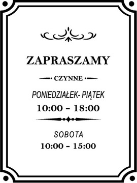 Naklejka Godziny Otwarcia Lokalu na Witrynę Szybę