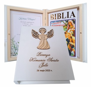 Pierwsza Komunia BIBLIA w pudełku, grawer, PREZENT