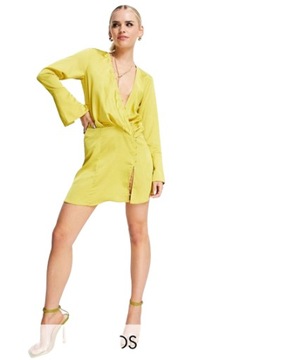 Żółta satynowa sukienka mini drapowana ozdobne 34