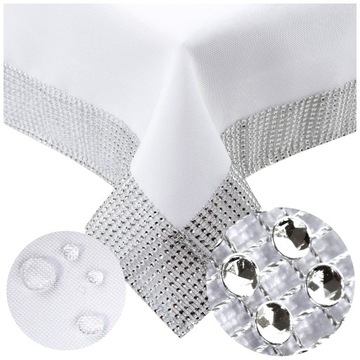 Biały Obrus Świąteczny plamoodporny 140x340 cyrkonie Diament