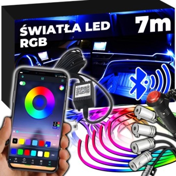Światłowód do Samochodu Oświetlenie TAŚMA LED RGB 7m APKA+PILOT ZESTAW XL
