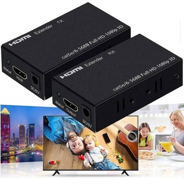 KONWERTER HDMI PO SKRĘTCE LAN EXTENDER 60M 3D RJ45 PRZEDŁUŻACZ RX LOOPOUT