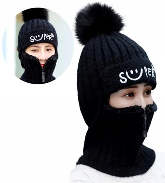 Женская шапка + шейная теплая зимняя утепленная шапка-бини с помпоном, двухслойная