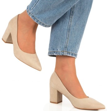 ТУФЛИ НА ТОЛСКОМ КАБЛУКЕ, БЕЖЕВЫЕ, КЛАССИЧЕСКИЕ ТУФЛИ НА ВЫСОКОМ КАБЛУКЕ, 40