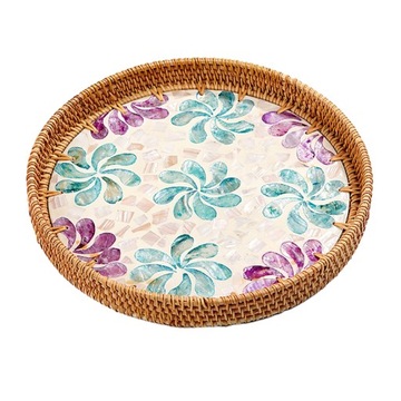 Vintage Rattan Shell Tace Do Serwowania Żywności, Okrągłe, Kwiat Wodny