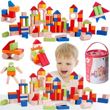 KLOCKI DREWNIANE UKŁADANKA MONTESSORI BOX XXL 100szt ZWIERZĘTA EDUKACYJNE