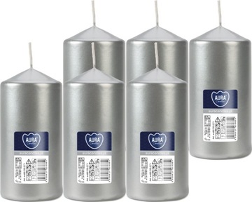 6X SREBRNY METALIK Świeca walec bezzapachowa ŚWIECZKA PARAFINOWA 12CM 38H