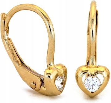 Kolczyki złote 585 delikatne z sercem z cyrkonią dla dziewczynki 14K modna