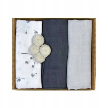 Муслиновые подгузники, комплект из 3 шт., серые, 60х80см, с помпонами.