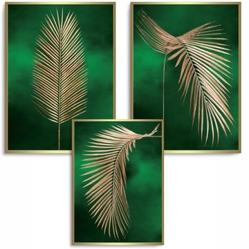 3X PLAKAT TRYPTYK ZŁOTE LIŚCIE PALMY ZIELONE TŁO PLAKATY ZŁOTY 70x100cm
