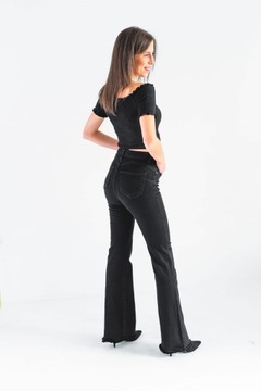Czarne damskie spodnie dzwony jeans PUSH UP wysoki stan szeroka nogawka L