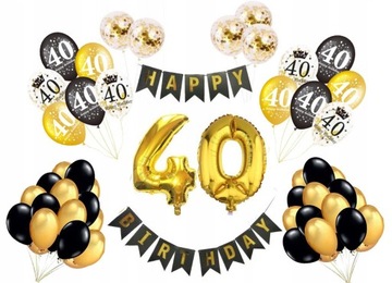 ZESTAW BALONY 40 URODZINY czterdziestka złote czarne baner konfetti balonów
