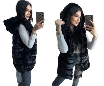 KAMIZELKA FUTRZANA Z KAPTUREM CZARNA KAPTUR 3XL/4XL