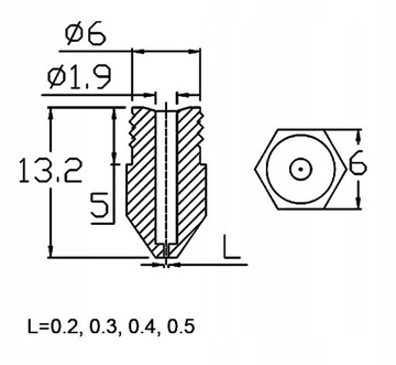 dysza drukarki 3D - 0,6mm/6mm, filament 1,75mm