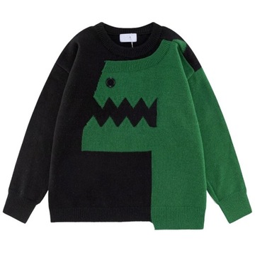 Japanese Patchwork Round Neck Sweater Cute Dinosau