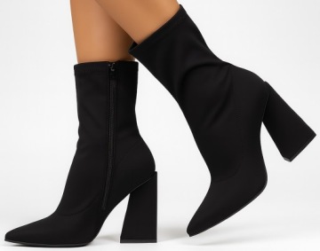 9100 CZARNE DAMSKIE BOTKI NA OBCASIE SŁUPKU MATERIAŁOWE ELASTYCZNE ZAMEK 37