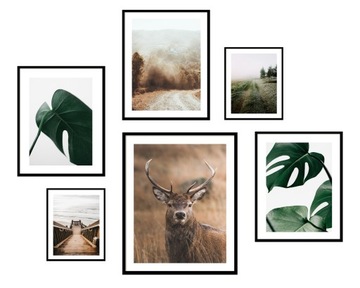 Zestaw 6x PLAKATY 30x40 A3 A4 13x18 beż jeleń monstera obrazy las zieleń