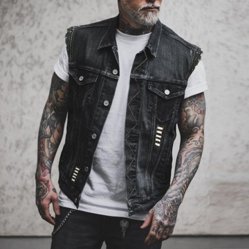 Męska kamizelka jeansowa bez rękawów punk sport motocyklowa