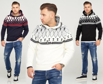 Sweter Męski Norweski Bluza Kaptur Gruby Ciepły