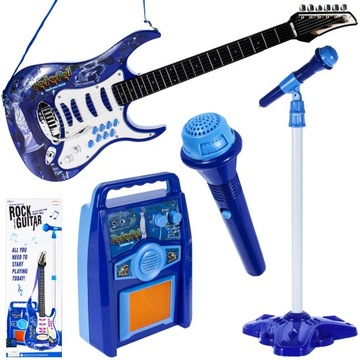 GITARA ELEKTRYCZNA Z MIKROFONEM WZMACNIACZ STATYW NIEBIESKA DUŻA DLA DZIECI