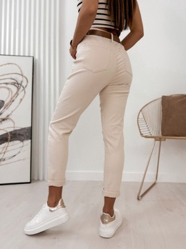 SPODNIE MOM FIT BOYFRIEND JEANS PUSH UP BEŻOWE Z PASKIEM różne rozmiary