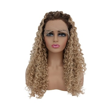 Peruka LACE FRONT blond ombre afro loki kręcone + czepek GRATIS