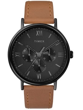 Zegarek męski TIMEX Southview slim czarny modny na brązowym pasku data