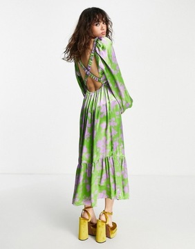Satynowa zielono fioletowa sukienka midi defekt 38