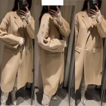 ZARA płaszcz oversize z wełną,"handmade", kolor jasny camel/beż, r. XS/S -M