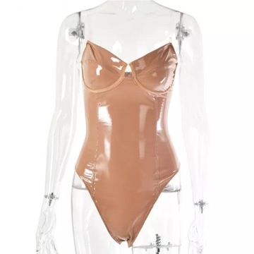 Women Sexy Bodycon Bodysuit Zipper PU Leather Jump
