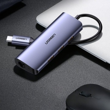 АДАПТЕР-ХАБ UGREEN USB-C НА 3 порта USB 3.0, ETHERNET RJ45, КАБЕЛЬ MICRO USB 15 СМ