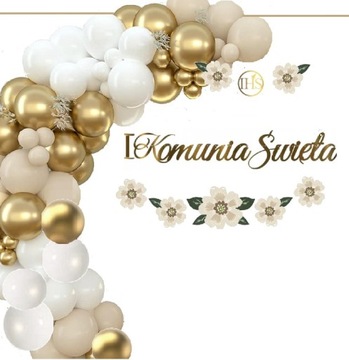 KOMUNIA Balony dekoracje na Komunię baner KWIATY beż